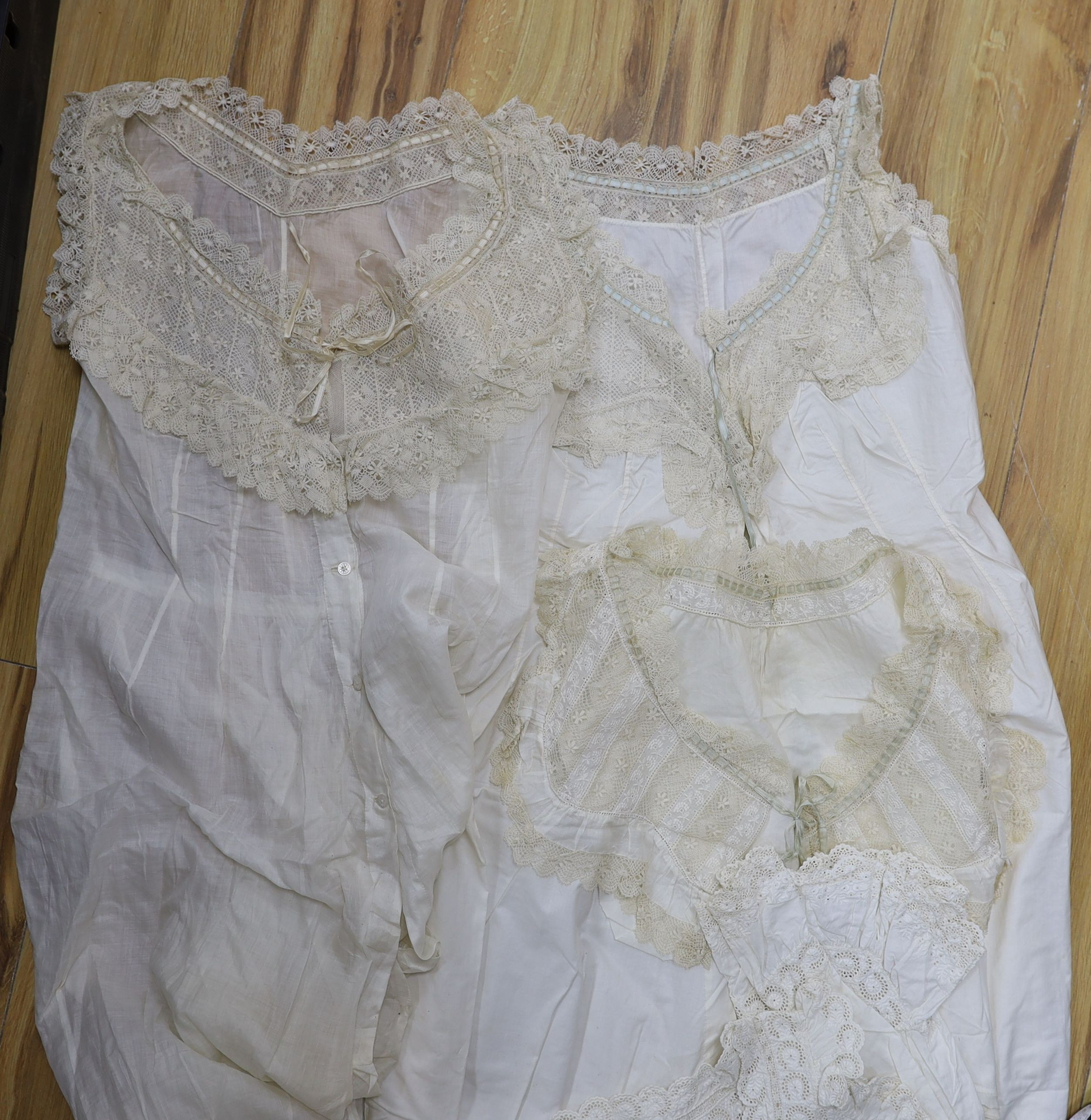 A collection of chemise/pantaloon lace inserted undergarments and a collection of petticoat flounces